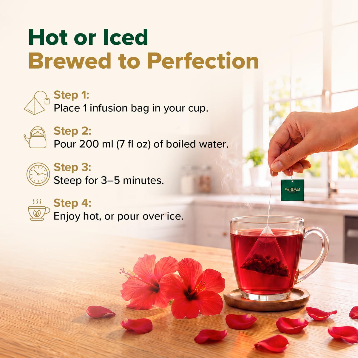 VAHDAM, Hibiscus Rose Tea Bags - 100% Whole Hibiscus Flowers Herbal Tea Bags (100 Count) With Rose, Chamomile & Exotic Spices | Caffeine Free, Floral Flavor Tisane | Resealable Ziplock Pouch
