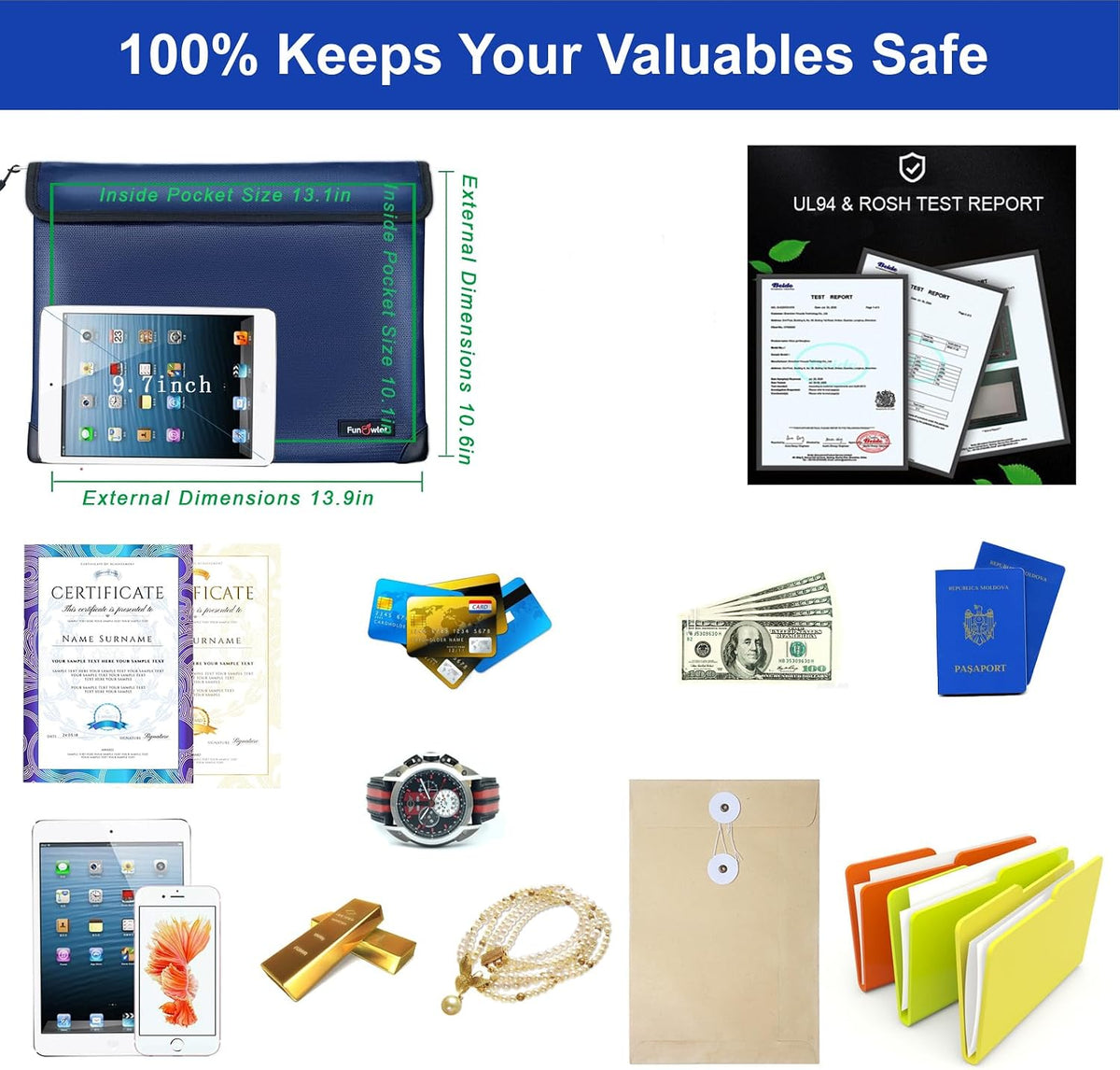 Fireproof Waterproof Money Document Bag, 13.9"x10.6", Blue