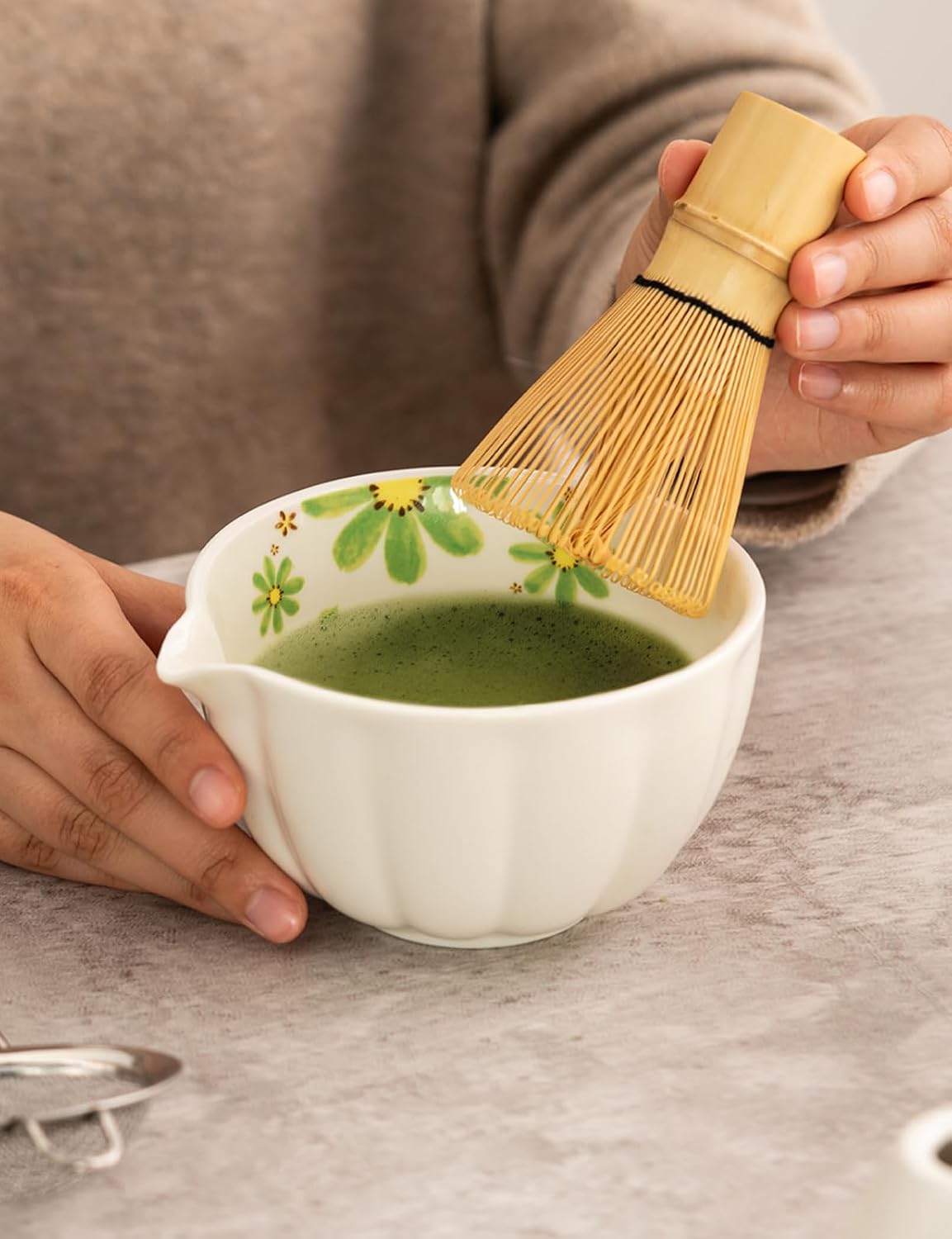 TANG PIN Matcha Set - Match Bowl and Whisk, 15 OZ, Matcha Scoop | Matcha Whisk Stand (Chasen Holder) - 5pc Perfect Matcha Kit for Matcha Tea Ceremony (Mottled Green)