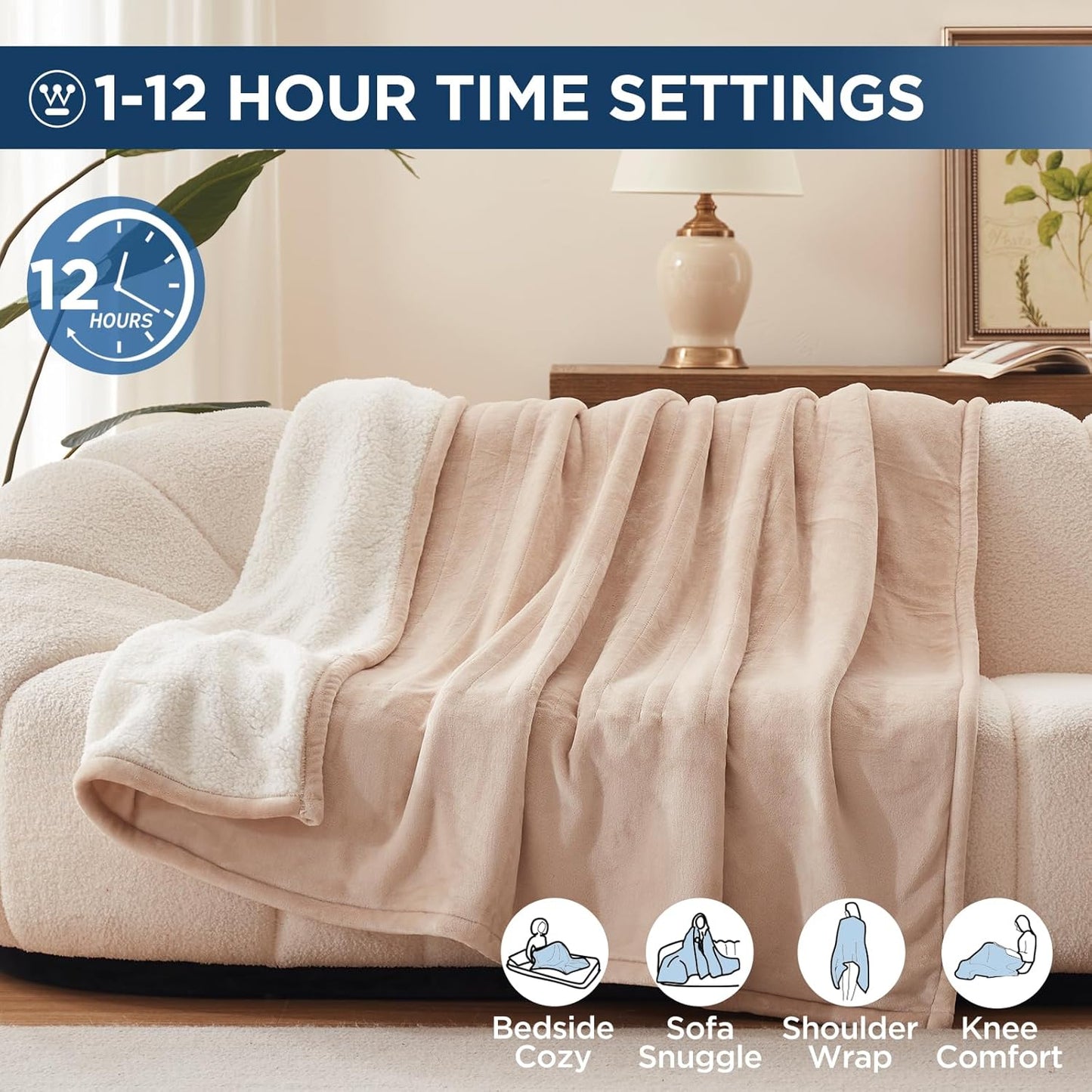 Westinghouse Heated Throw Blanket, Electric Blanket Throw with 6 Heating Levels and 2-10 Hours Time Settings, Flannel to Sherpa Super Cozy Heated Blanket Machine Washable, 50x60 inch, Charcoal