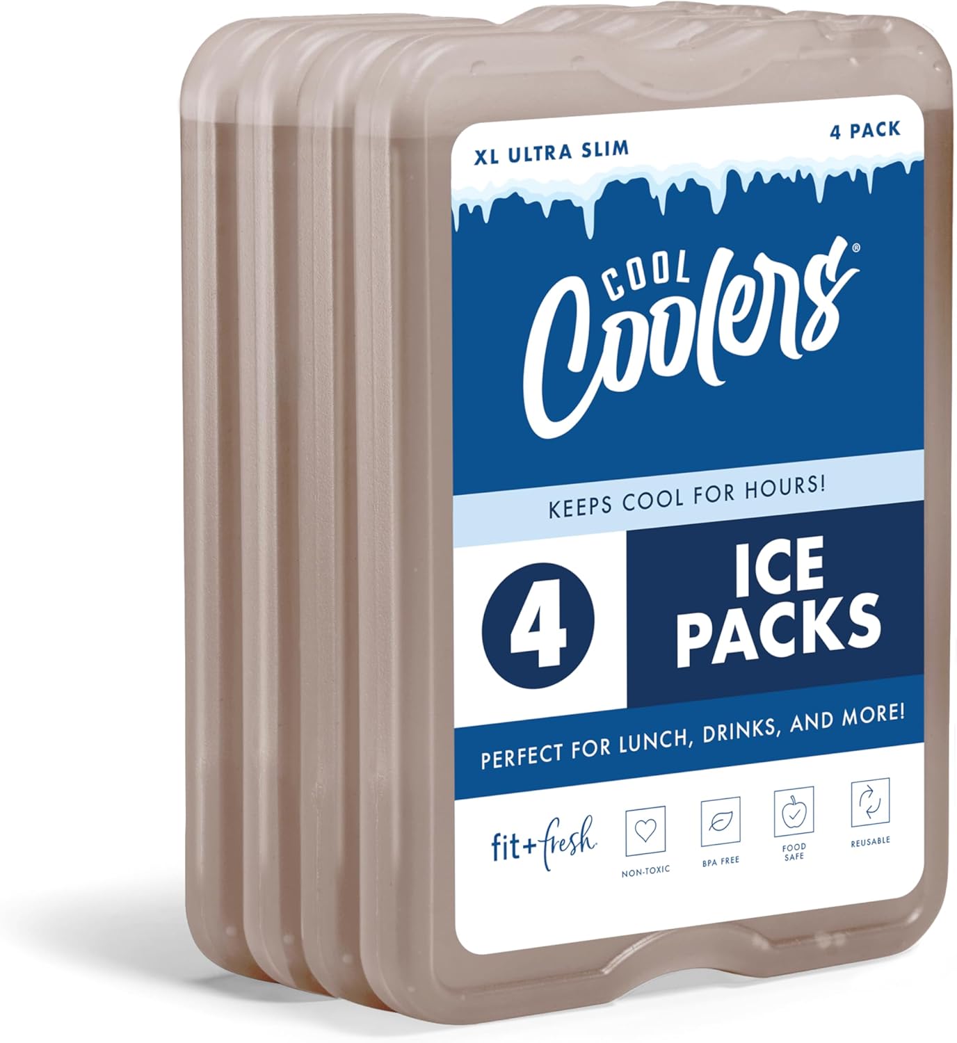 Cool Coolers by Fit & Fresh 4 Pack XL Slim Ice Packs, Quick Freeze Space Saving Reusable Ice Packs for Lunch Boxes or Coolers