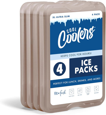 Cool Coolers by Fit & Fresh 4 Pack XL Slim Ice Packs, Quick Freeze Space Saving Reusable Ice Packs for Lunch Boxes or Coolers