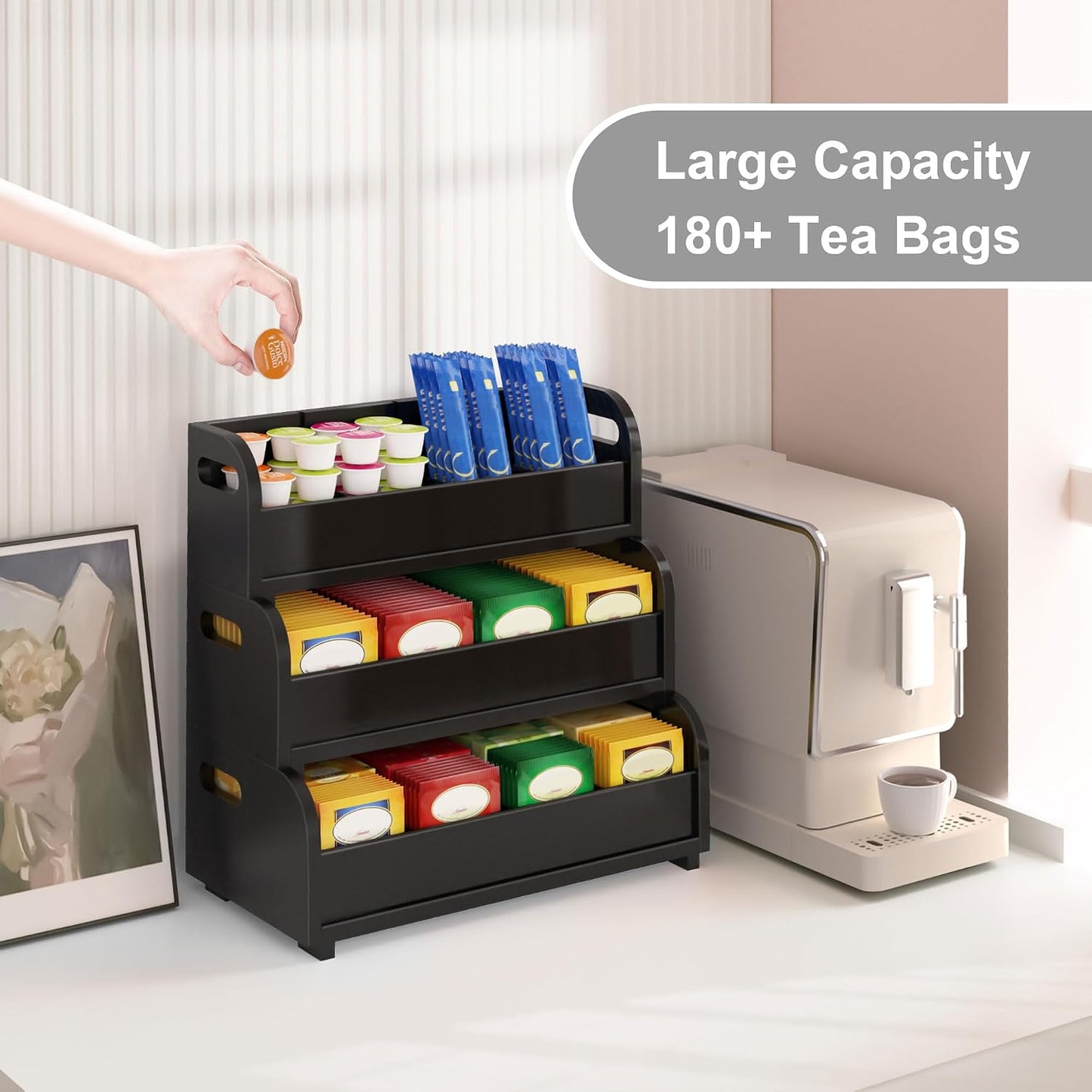 3-Tier Bamboo Tea Bag Organizer, Stackable Tea Holder for Countertop, Black