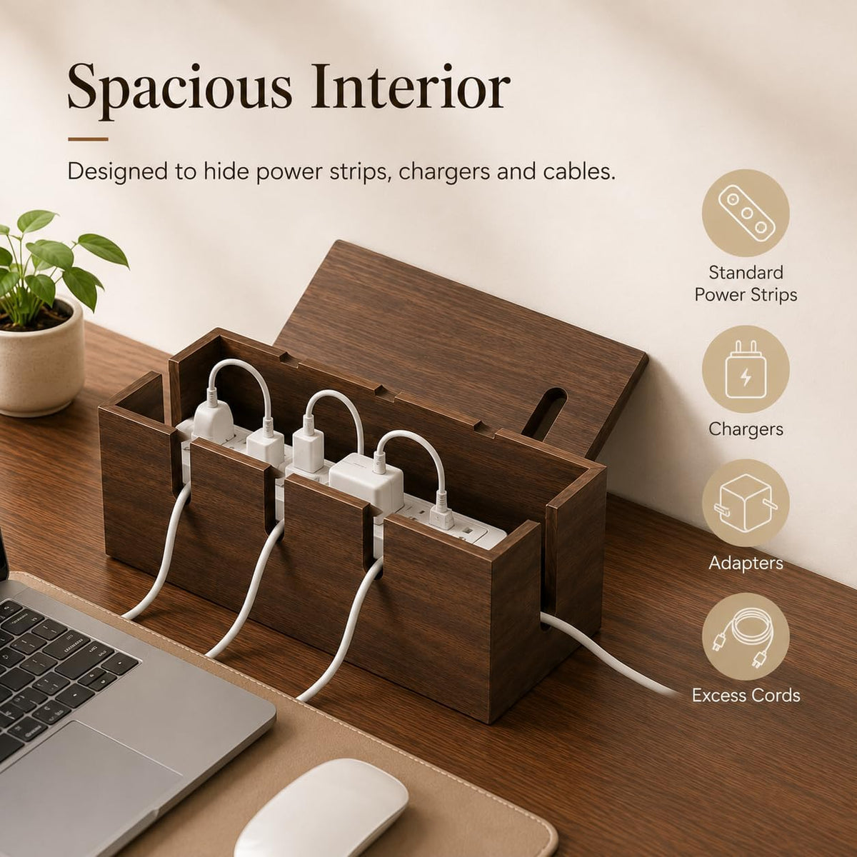 Large Acacia Wood Cable Management Box for Power Strips