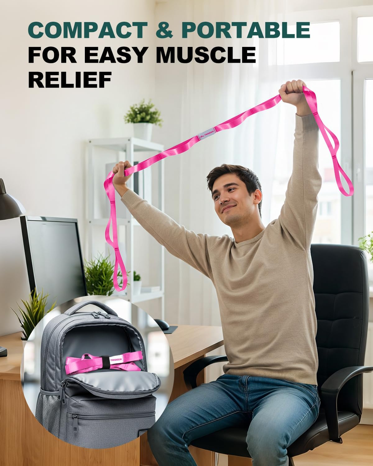 Trideer Non-Elastic Stretching Strap with Loops for Physical Therapy & Rehab, Knee Hip Leg ROM Post-Surgery, Yoga Strap for Stretching, Leg Lifter Strap Mobility Aid, Hamstring Calf Back