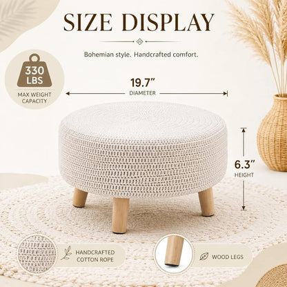 Wimarsbon Pouf Ottoman, 100% Cotton Knitted Boho Footstool, Round Footrest with Non-Skid Wood Legs, Home Décor Handmade Pouffe, Leisure Floor Step Stool for Living Room (Beige)