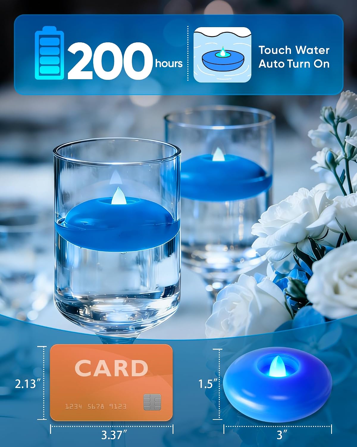 Homemory 24 Pack 3” Flameless Led Floating Candles, 200 Hour White Battery Operate Waterproof Tealights for Cylinder Vases, Centerpieces at Wedding Decor, Party, Pool