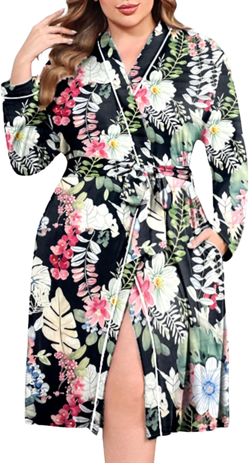 Ekouaer Plus Size Robes for Women Soft Bathrobe V Neck Soft Maternity Robe