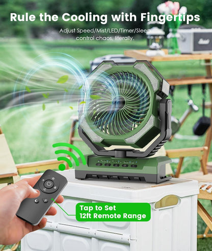 Camping Misting Fan, 24000mAh Portable Battery Powered Fan with Mist, Light