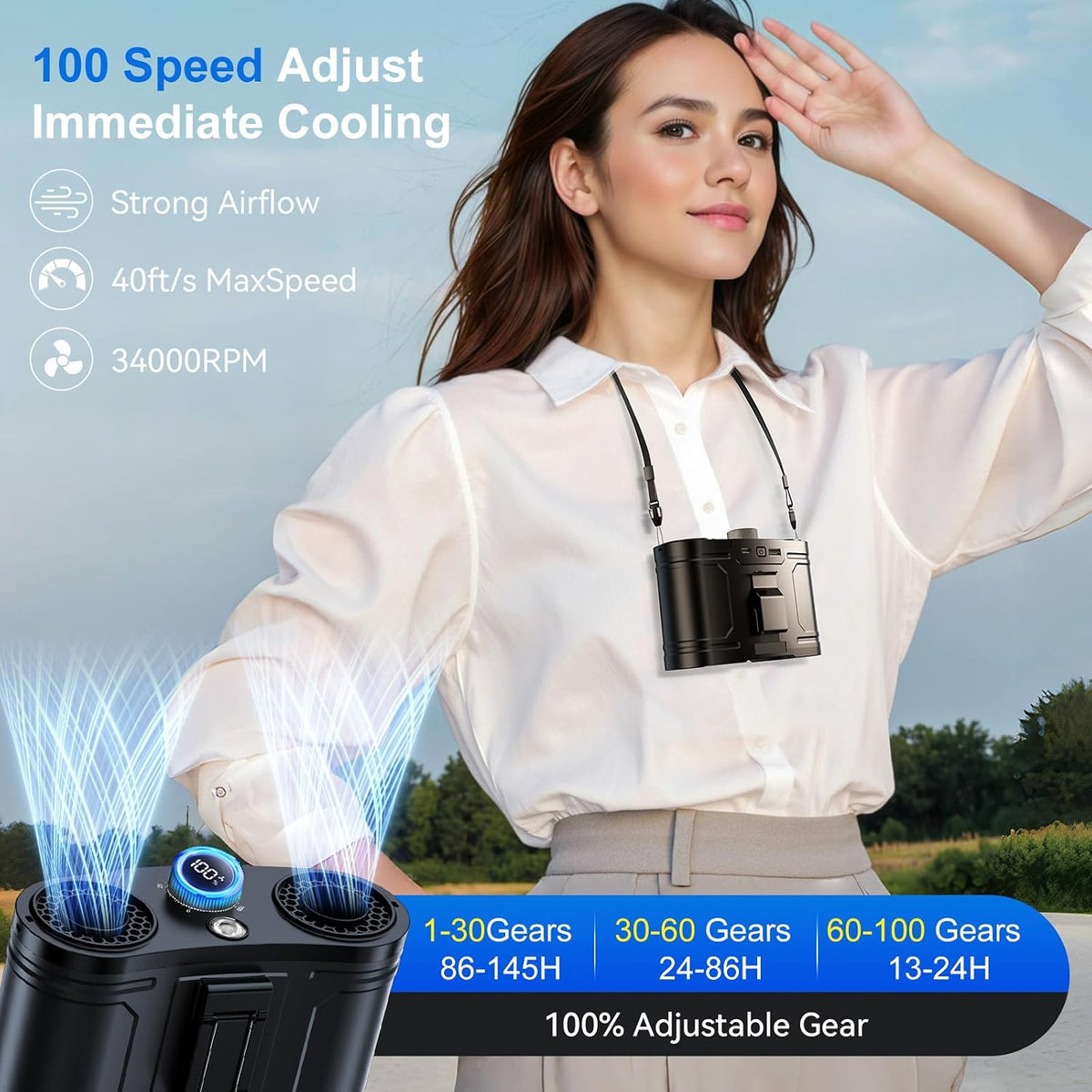 12000MAh Portable Waist Fan, 100 Speeds 17000RPM Strong Airflow, Belt Fan with up to 45H of Working Time, Flashlight Hands-Free Hanging Neck Fans,Rechargeable Wearable Personal Fans for Outdoor