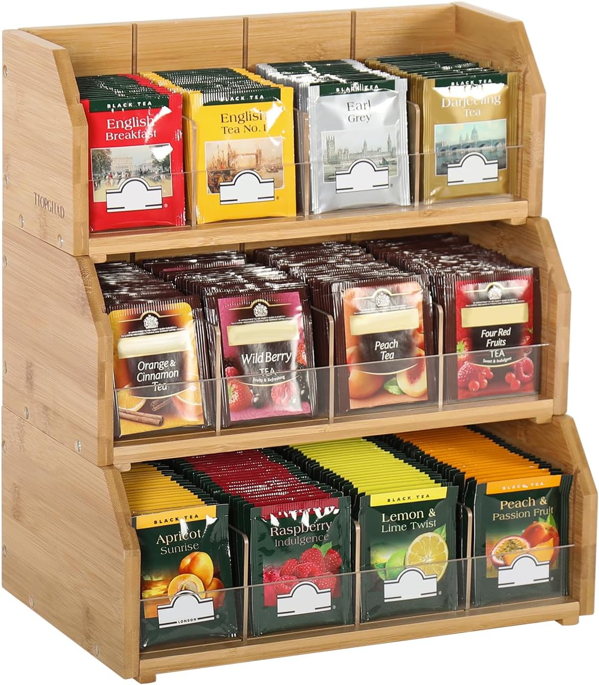 TIOPGHAD 2-Layer Stackable Bamboo Tea Bag Organizer Storage Holder & Rack - Wooden Tea Box Containers - Stand for Countertop or Cabinet