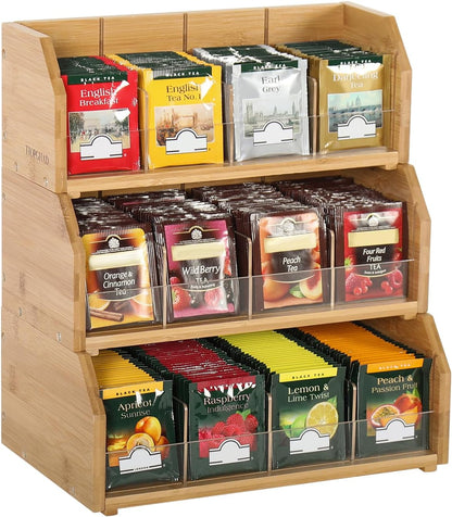 TIOPGHAD 2-Layer Stackable Bamboo Tea Bag Organizer Storage Holder & Rack - Wooden Tea Box Containers - Stand for Countertop or Cabinet