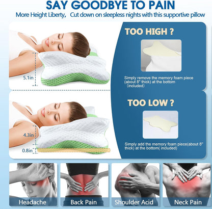 CHxxy Cervical Neck Pillow for Pain Relief Sleeping, Memory Foam Pillows, Ergonomic Side Sleeper Pillows, Cooling Orthopedic Neck Support Pillow for Back Stomach Sleepers-Queen Size Grey&Grey