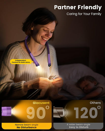 Glocusent Ergonomic Reading Lights for Books in Bed, 1600mAh Rechargeable Book Light, 100 Hrs - 3 Colors & 5 Brightness, Neck Light with Timers, Sleep Aid & Travel Lock