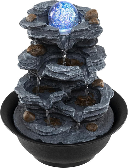 Giantex Tabletop Water Fountain with Warm LED Light, Tiered Rock Waterfall with Pump, Zen Meditation Desktop Decor for Office, Home Relaxation