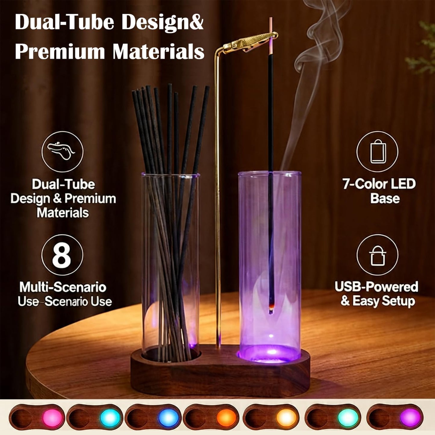 Glass Glowing Incense Holder - Modern Double Tube Incense Stick Burner with Ash Catcher - Aesthetic 2-in-1 Fragrance Display for Palo Santo, Sage & Candles - Zen Decor for Yoga & Meditation