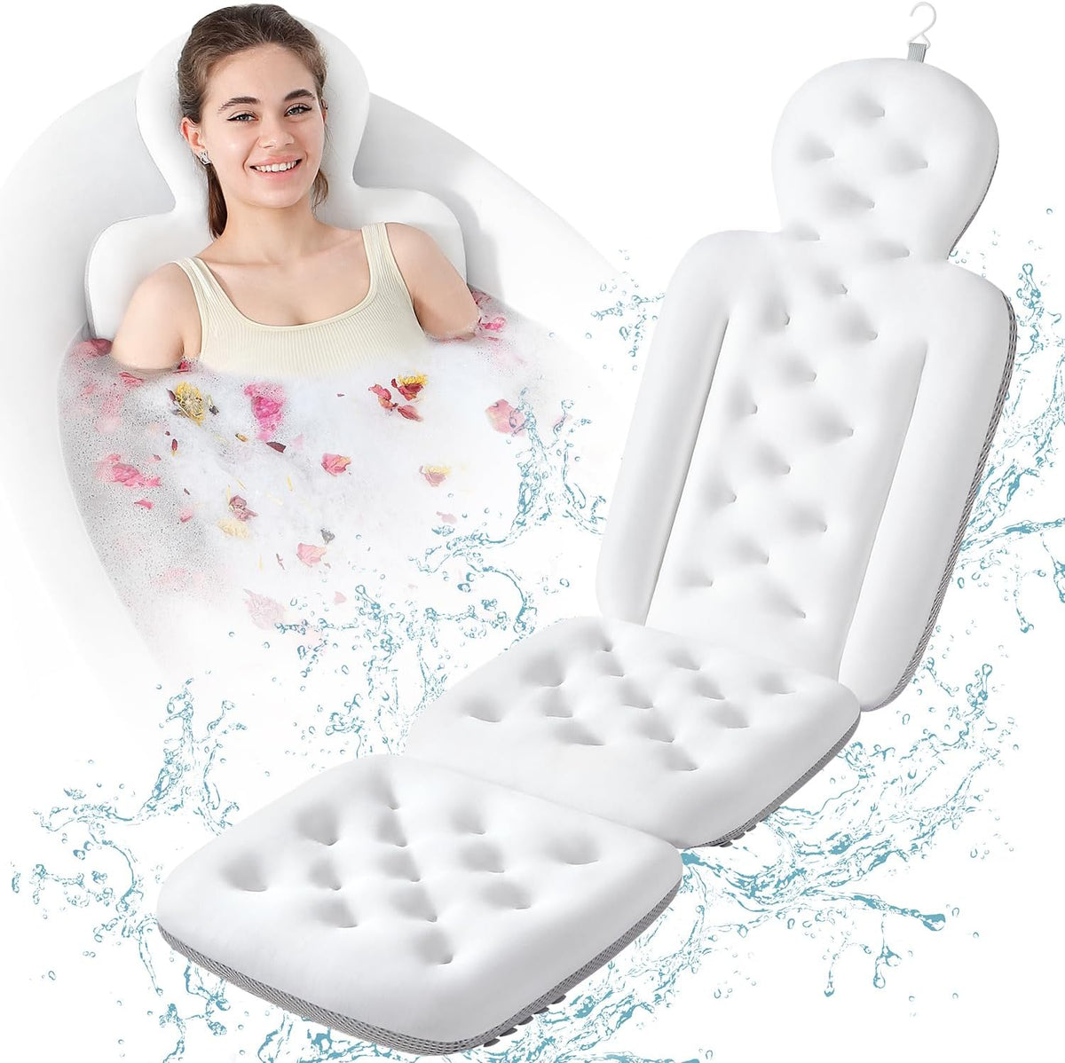 Luxury Bath Cushion, Full Body Bathtub Pillow with 160 Suction Cups, Bath Mat for Head and Neck Support, with Laundry Bag (Blue, 51" x 16")