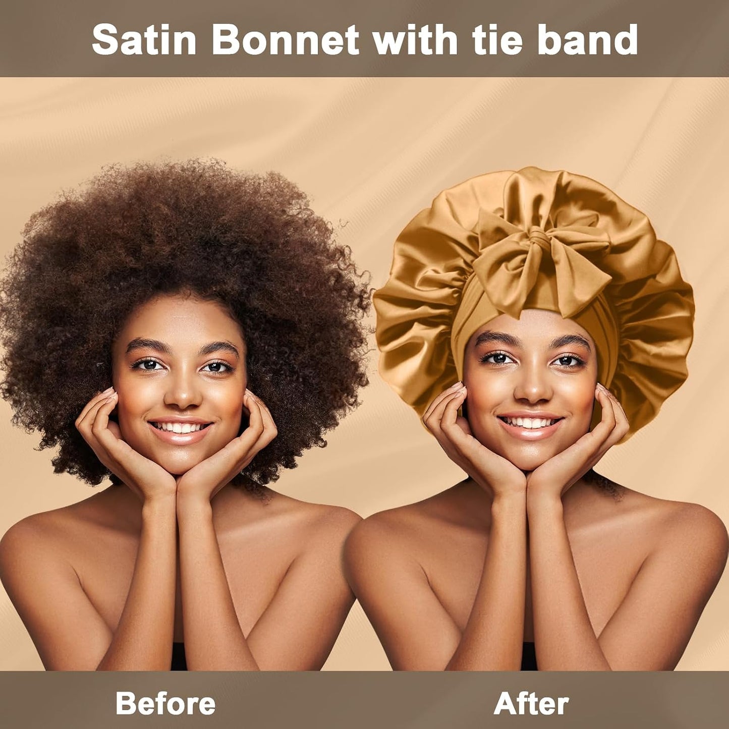 2Pcs Silk Hair Satin Bonnet for Sleeping Women,Large Satin Sleep Bonnets for Women with Elastic Tie Band Silk Hair Wrap with Ajustable Straps,Night Sleep Cap for Curly Braids,Black+Rose Gold