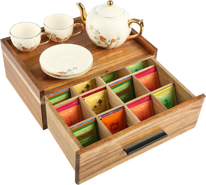 Acacia Wood Tea Bag Organizer with Drawer - 12-Compartment Tea Storage Box