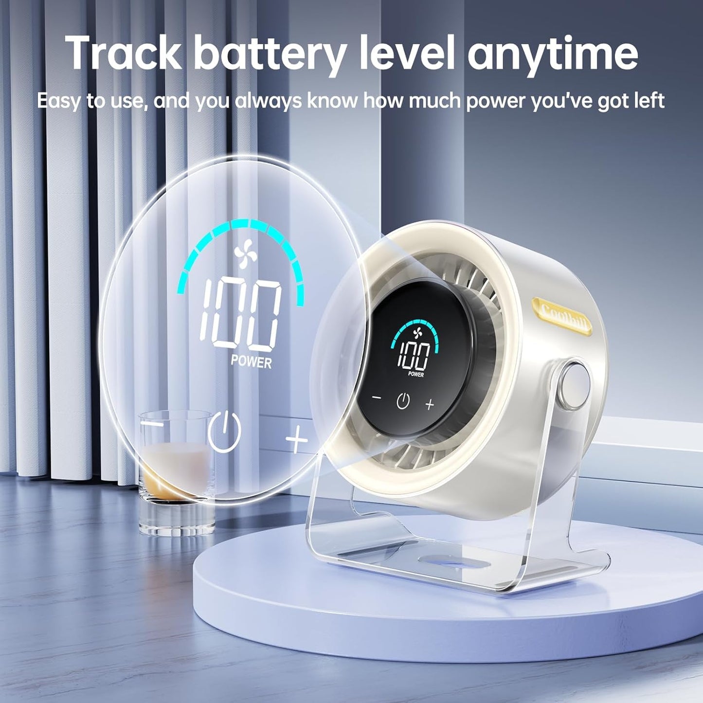 USB Desk Fan for Bedroom: 100 Speeds Digital Display Quiet Portable Fan with Turbo Airflow, 120° Rotating Small Rechargeable Battery Desktop & Wall-Mounted Fans for Bedroom Home Office