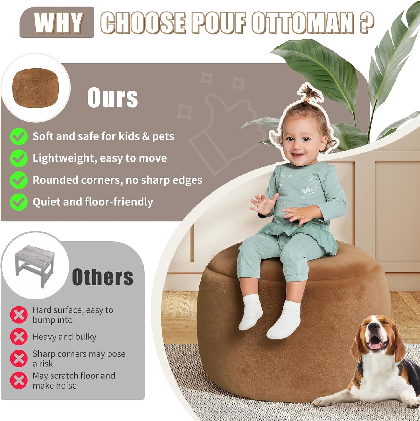 Round Stuffed Pouf Ottoman Foot Rest, Faux Fur Poufs with Memory Foam Filling, Ottomans for Living Room, Nursery, Dorm, Soft Foot Stool Ottoman for Couch, Perfect for Resting Your Feet (Grey, 20 Inch)