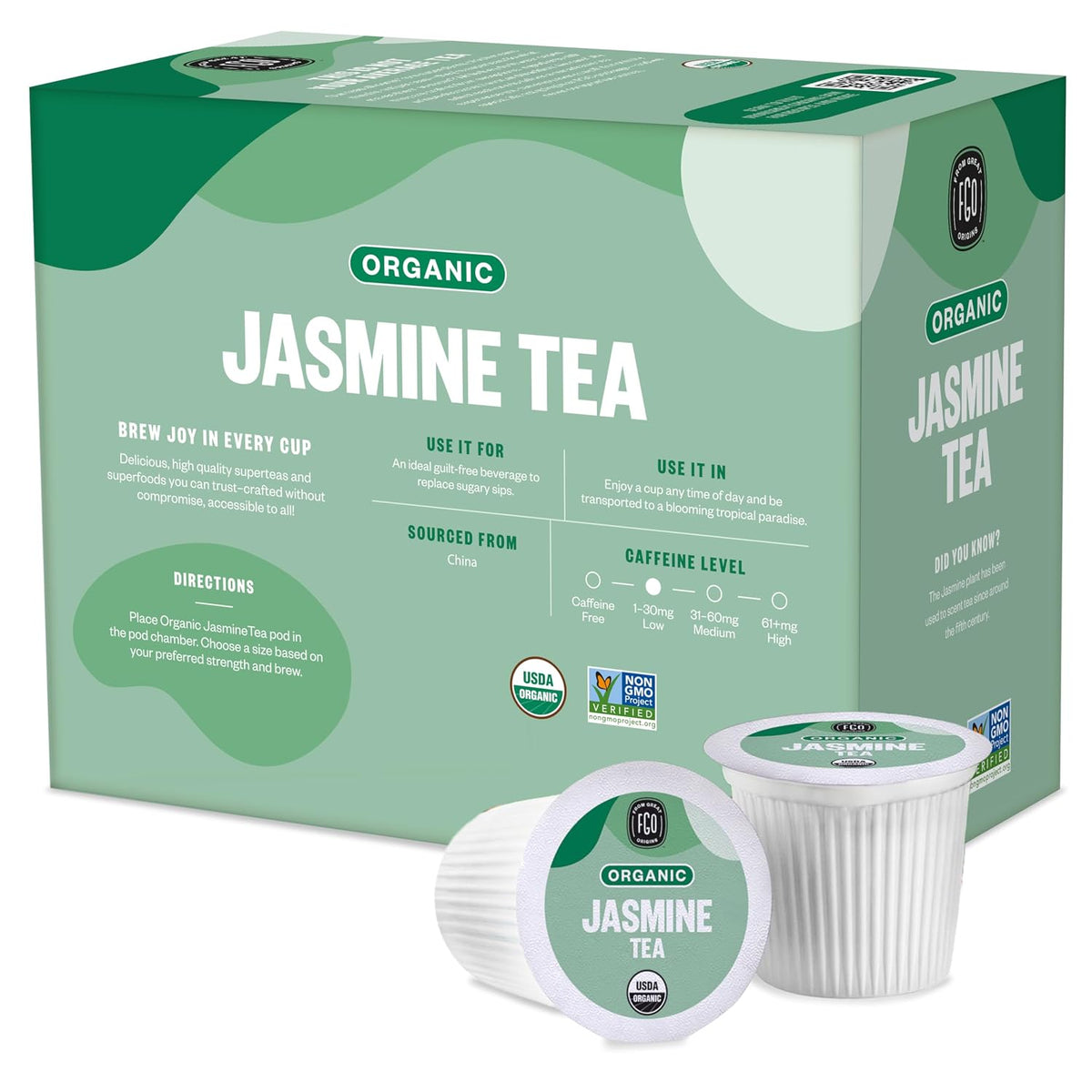 FGO Organic Jasmine Green Tea K-Cup Pods for Keurig, 24 Count (Pack of 1), Premium Green Tea is USDA Organic, Non-GMO, & Recyclable with Naturally Occurring Caffeine