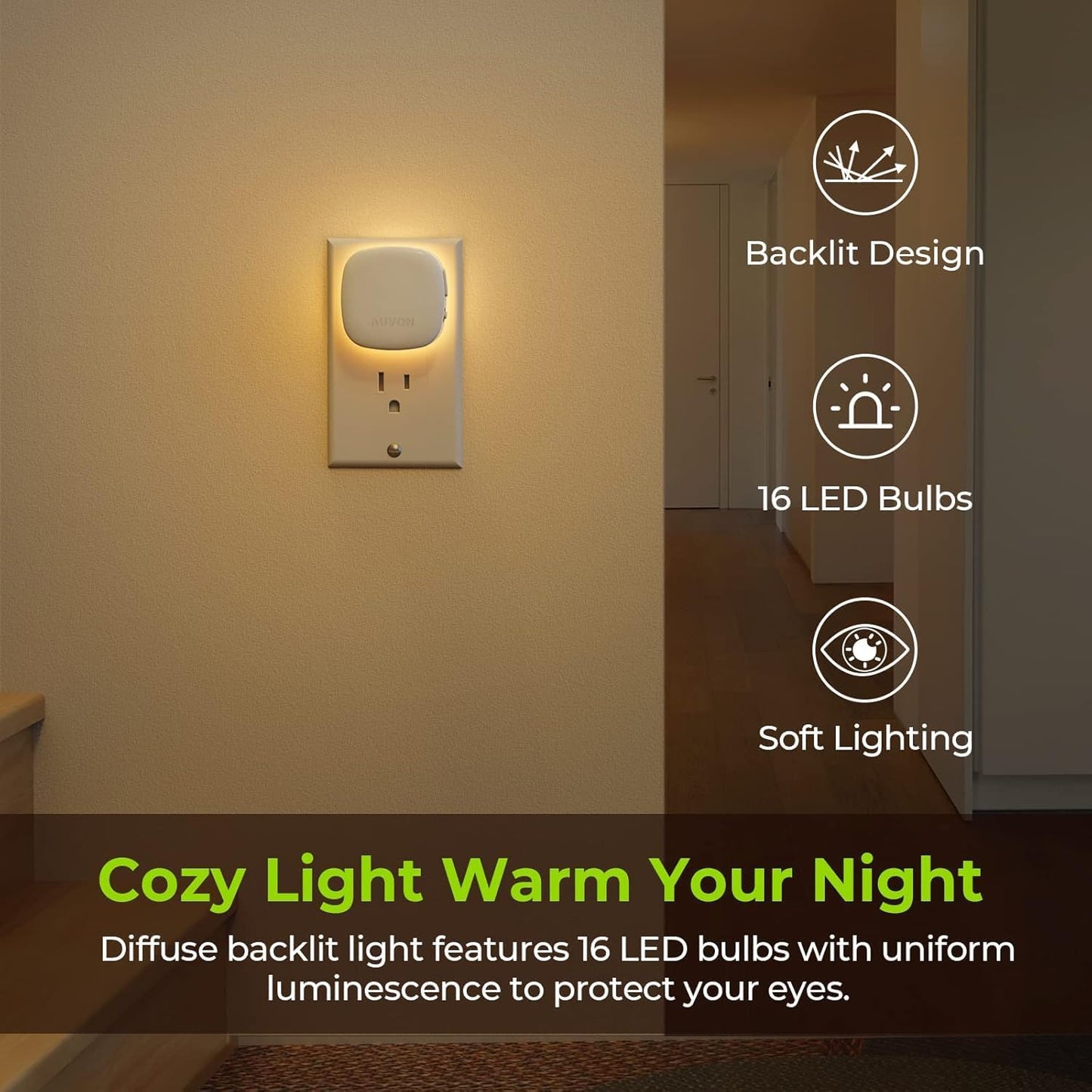 AUVON 4 X Plug-in LED Backlit Night Light with Motion & Dusk to Dawn Sensor | 2200K Soft Warm White Nightlight with 1-50lm Dimmable Brightness for Adults & Kids' Bedroom, Bathroom, Hallway
