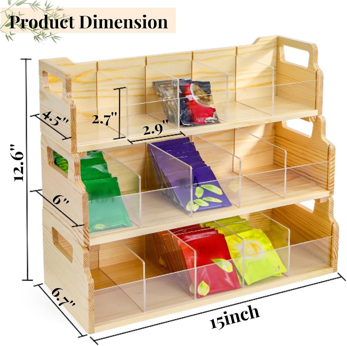 ZAVOOS 3 Tier Tea Bag Organizer with Acrylic Divider, 15 Compartments
