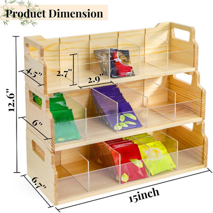 ZAVOOS 3 Tier Tea Bag Organizer with Acrylic Divider, 15 Compartments