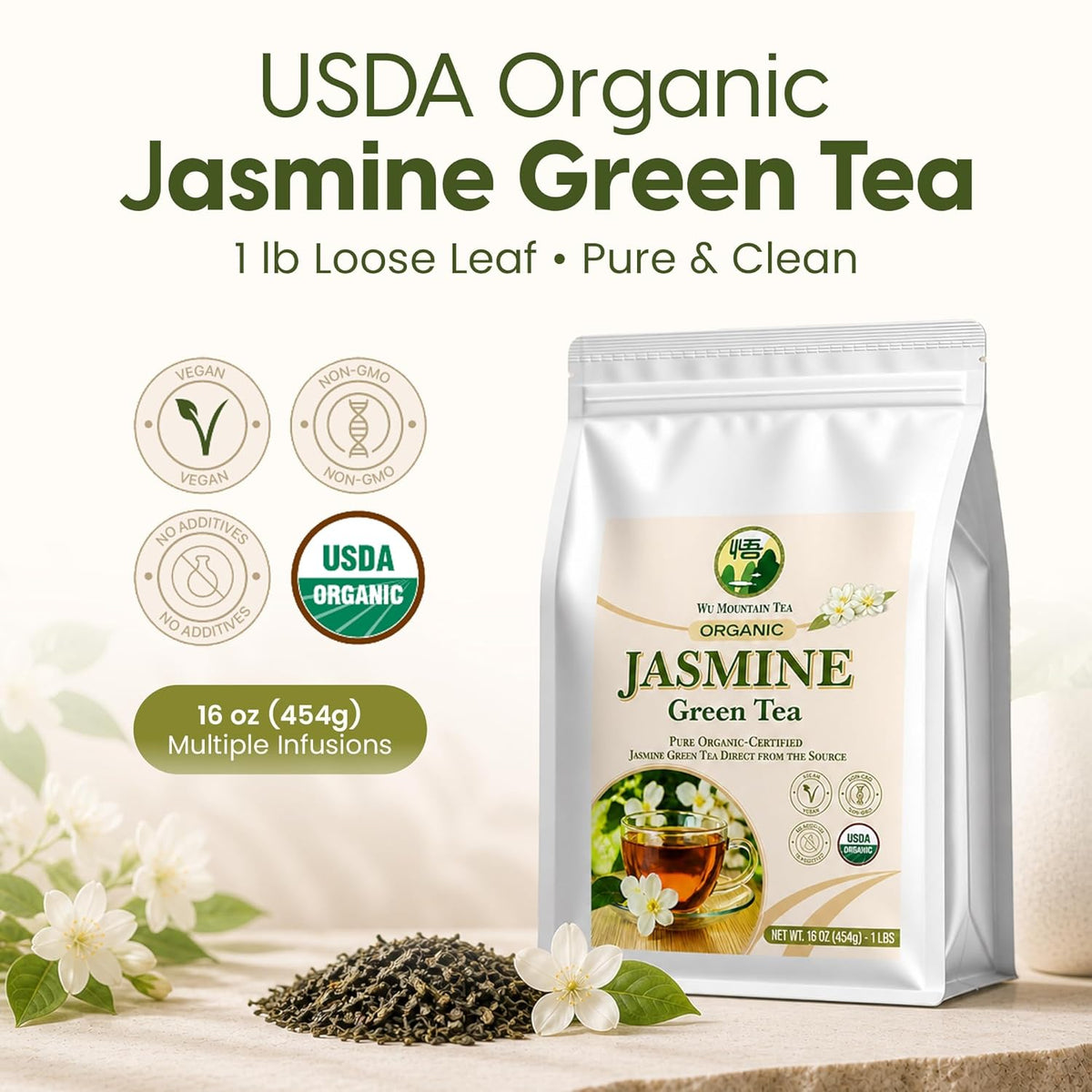 Wu Mountain Tea Organic Jasmine Green Tea – 1 lb Loose Leaf – USDA Organic Chinese Green Tea Scented with Jasmine Blossoms – Smooth Floral Aroma, Clean Finish, No Additives – Hot or Iced Tea