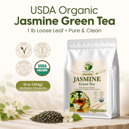Wu Mountain Tea Organic Jasmine Green Tea – 1 lb Loose Leaf – USDA Organic Chinese Green Tea Scented with Jasmine Blossoms – Smooth Floral Aroma, Clean Finish, No Additives – Hot or Iced Tea