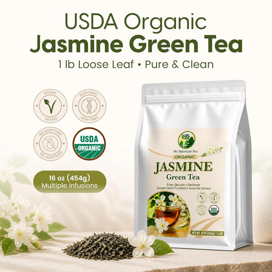 Wu Mountain Tea Organic Jasmine Green Tea – 1 lb Loose Leaf – USDA Organic Chinese Green Tea Scented with Jasmine Blossoms – Smooth Floral Aroma, Clean Finish, No Additives – Hot or Iced Tea