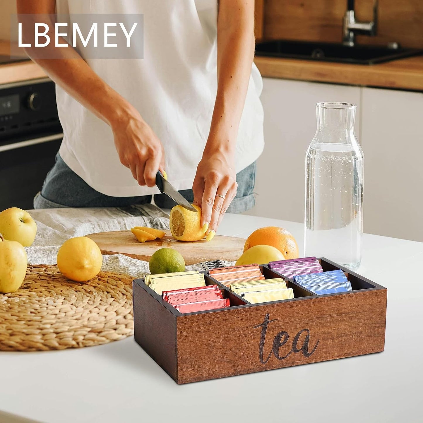 LBEMEY Tea Bag Organizer, Wood Tea Storage Containers with 6 Compartments, Sugar Packet Holder,Tea Bag Caddy Box for Cabinet Countertop Office (Brown-Labeled "Tea")