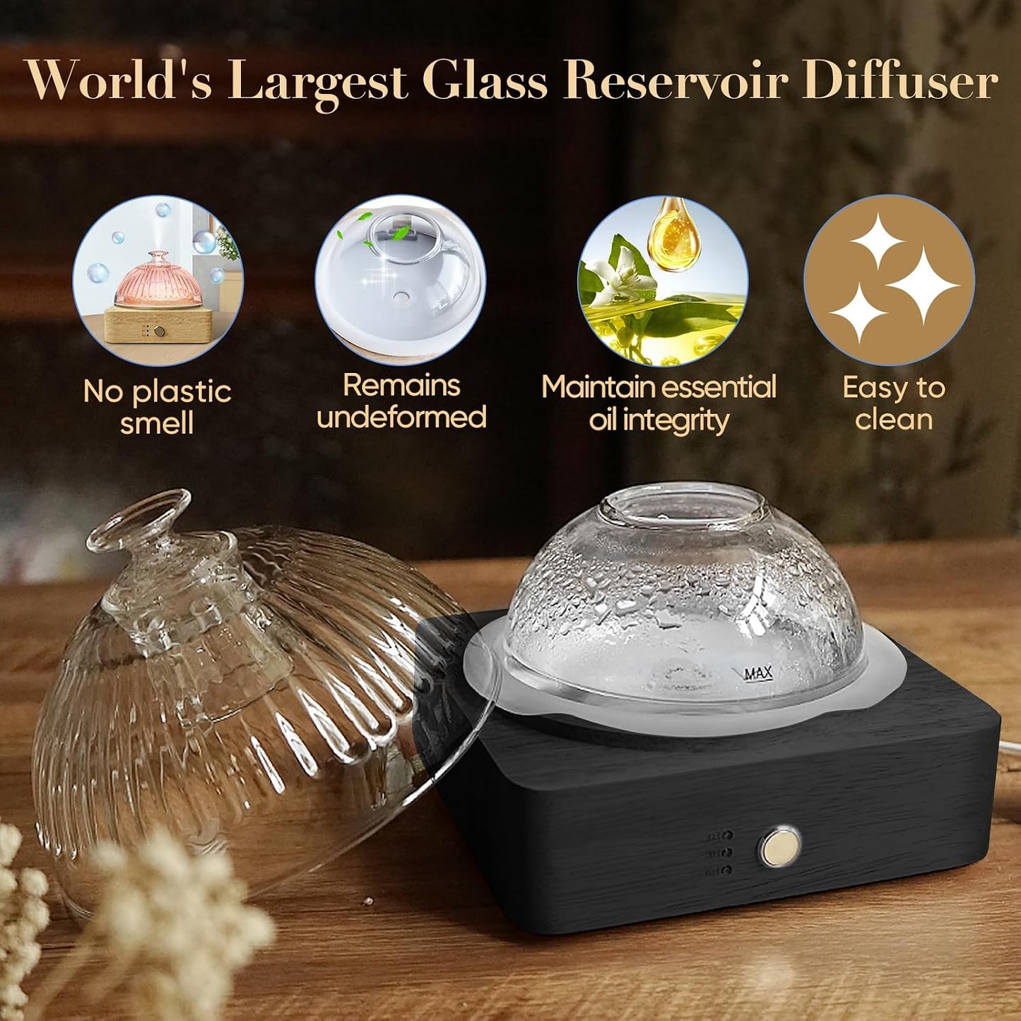 Glass Dome Essential Oil Diffuser with Glass Reservoir & Wood Base-No Plastic, 200ml Ultrasonic Diffuser for Aromatherapy with Timer 7 Color Light Auto-Off for Home Office Yoga Pilates