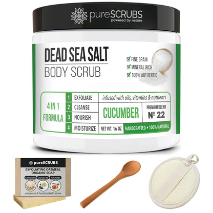 pureSCRUBS Premium Cucumber Body Scrub Set, Exfoliating Dead Sea Salt Scrub | Ultra Skin Smoothing, Deeply Moisturizing, Shower Scrub for Women, Softens Rough, Dry Skin, Includes Loofah, Spoon & Soap