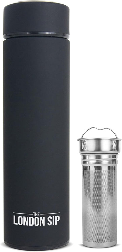 London Sip Multi-Purpose Tea Infuser Travel Mug and Tumbler Fruit Infuser Flask Hot and Cold Double Wall Stainless Steel Thermos with Extra-Long Infuser, Midnight Teal