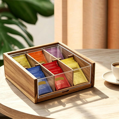 HTB Acacia Wood Tea Bag Organizer Storage Box with 6 Compartments