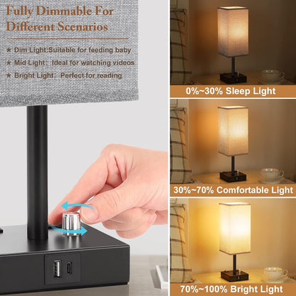 Bedside Table Lamps Set of 2 for Bedroom - Dimmable, USB C+A, 2 AC Outlets