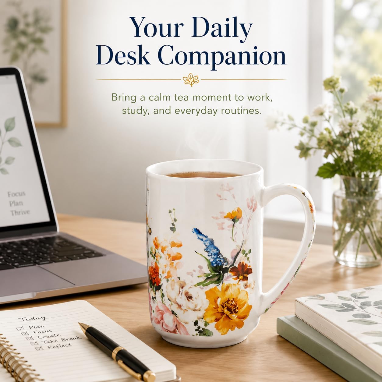 GBhome Tea Mug with Infuser and Lid, 18 Ounce Large Ceramic Loose Leaf Cup, Microwave, Dishwasher Safe, Perfect for Tea Lovers