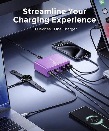 USB C Charging Station 10 Port with 4 Cables,245W GaN Charger Block