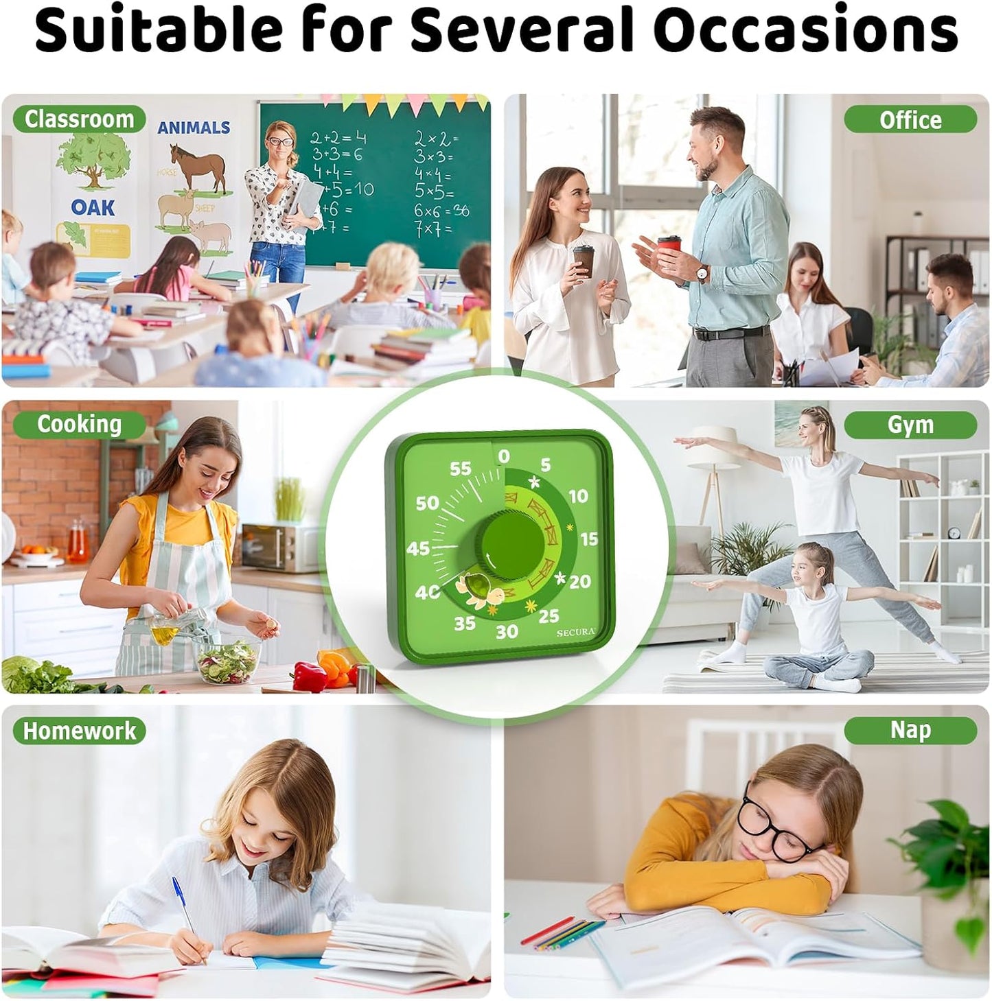 Secura 7.5 Inch Visual Timer, 60 Minute Visual Oversize Countdown Timer for Kids and Adults, Durable Mechanical Time Management Tool (Dark Green)
