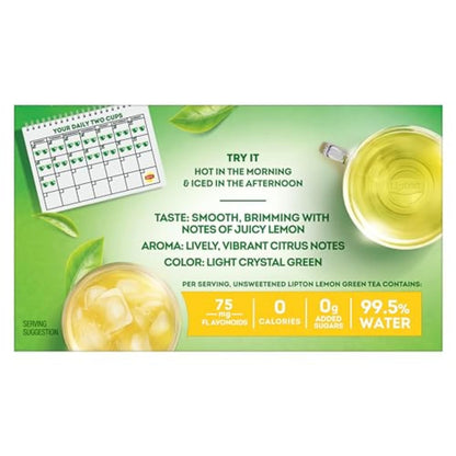 Lipton Lemon Green Tea Bags, Flavored, Unsweetened Teabags for Hot Tea or Iced Tea with Caffeine and Flavonoids, 20 Total Tea Bags