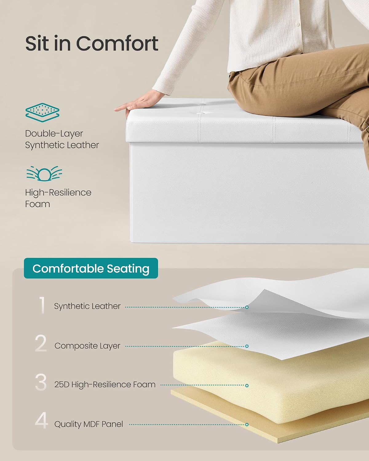 SONGMICS MAZIE Collection - 43 Inches Folding Storage Ottoman Bench, Ottoman with Storage, Foot Rest Stool, Load 660 lb, for Living Room, Synthetic Leather, Black ULSF701