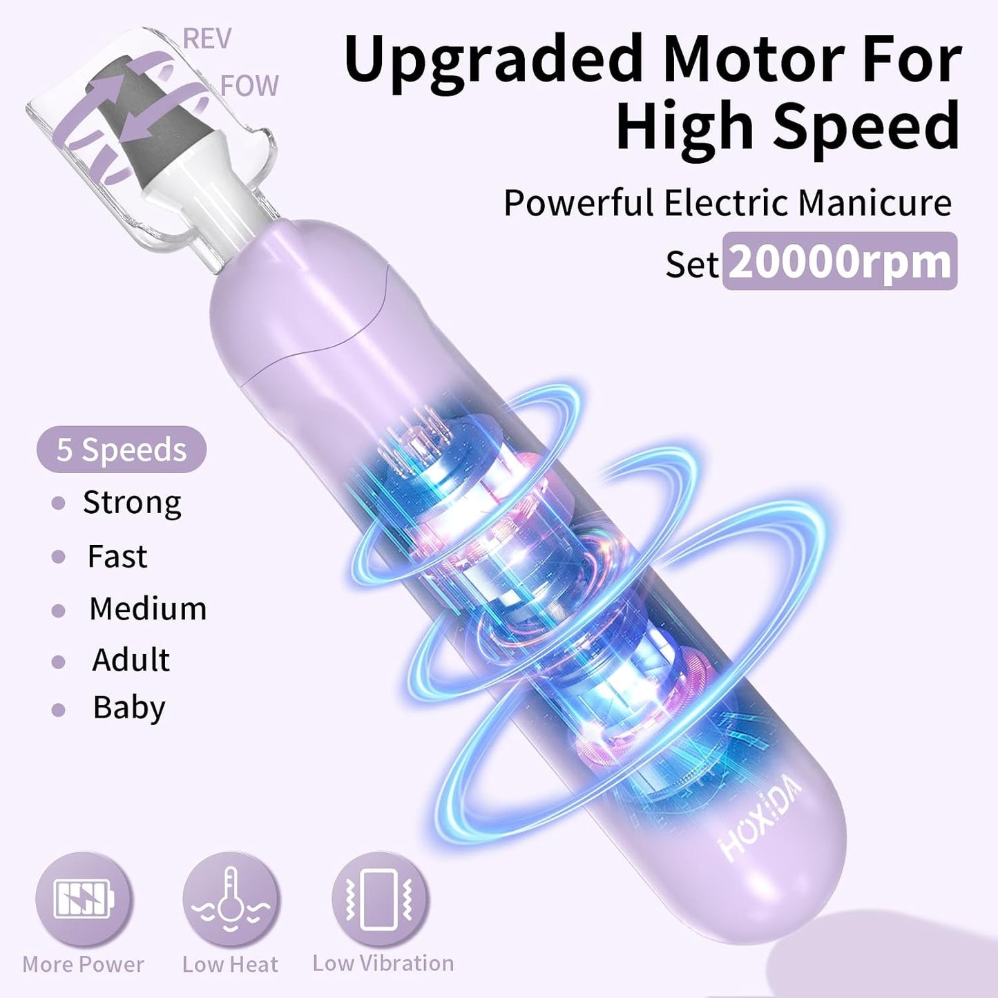 Hoxida Manicure Pedicure Kit, Professional Nail Grinder for Senior Thick Toenail, Cordless Electric Nail File, 5 Speeds Pedicure Tools for feet Callus Remover, Nail Drill for Women Hand Feet Care