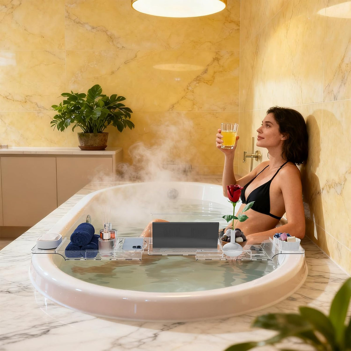 Yieach Luxury Clear Acrylic Bathtub Tray with Book Holder,Expandable Bath Tray for Tub and Bath Shelf Over Tub,Plastic Bath Table & Board,Bath Caddy Trays & Accessories for Women Relaxing Spa Gifts