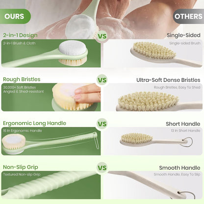 Back Scrubber for Shower, 15.7" Loofah with Handle, Back Shower Brush with Bristles and Loofah, Dry Brushing Body Brush for Cleanse Back and Hard to Reach Areas with Curved Long Handle