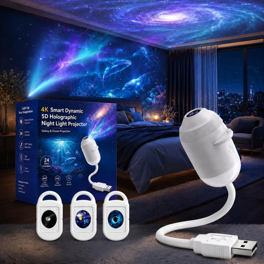 HD Smart Dynamic 5D Holographic Night Light Projector, Plug and Play Galaxy Star Projector, 360° Rotating USB Powered Ocean Wave Ceiling Light for Bedroom, Kids Room, Party Decor (24 Projection Films)