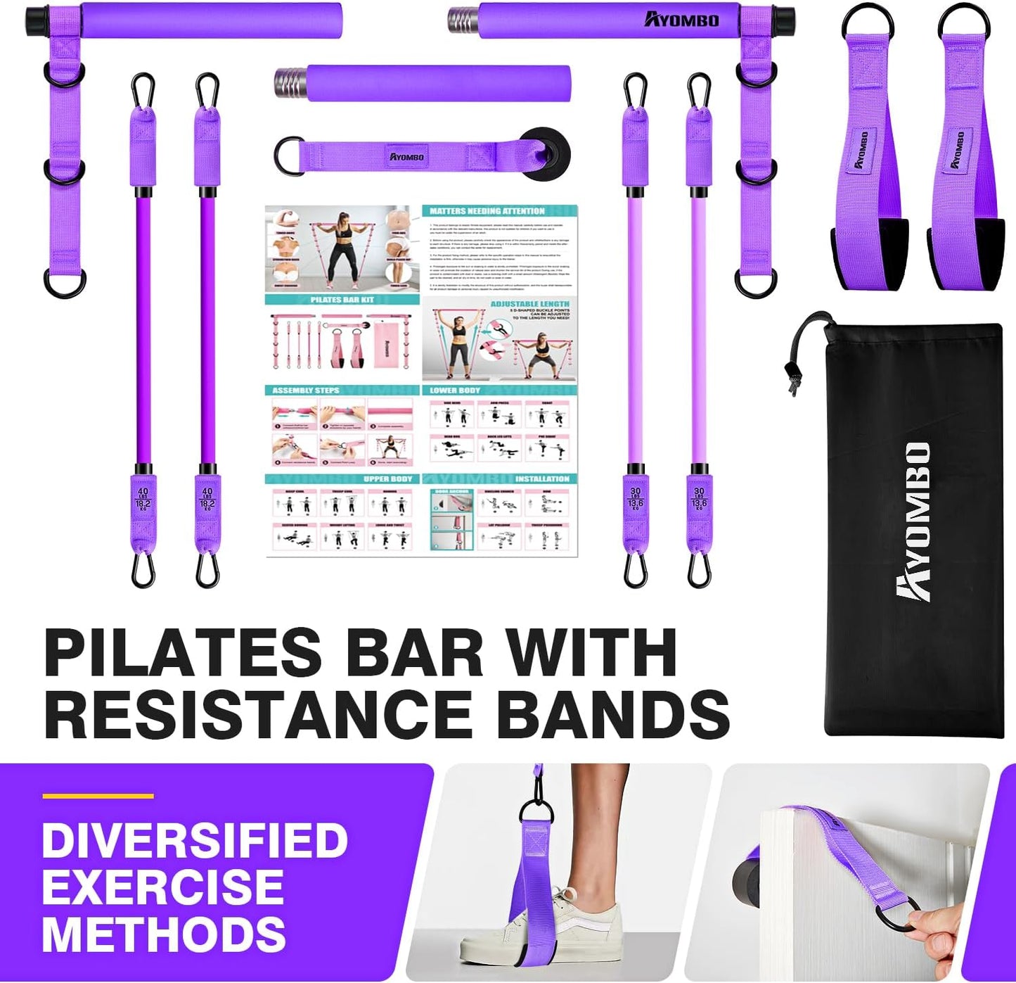Ayombo Pilates Bar Kit with Resistance Bands, Pilates Workout Equipment for Legs, Hip, Waist, Arm, Squats Exercise Equipment for Home Workouts, Adjustable 3-Section Pilates Bar Kit for Women & Men