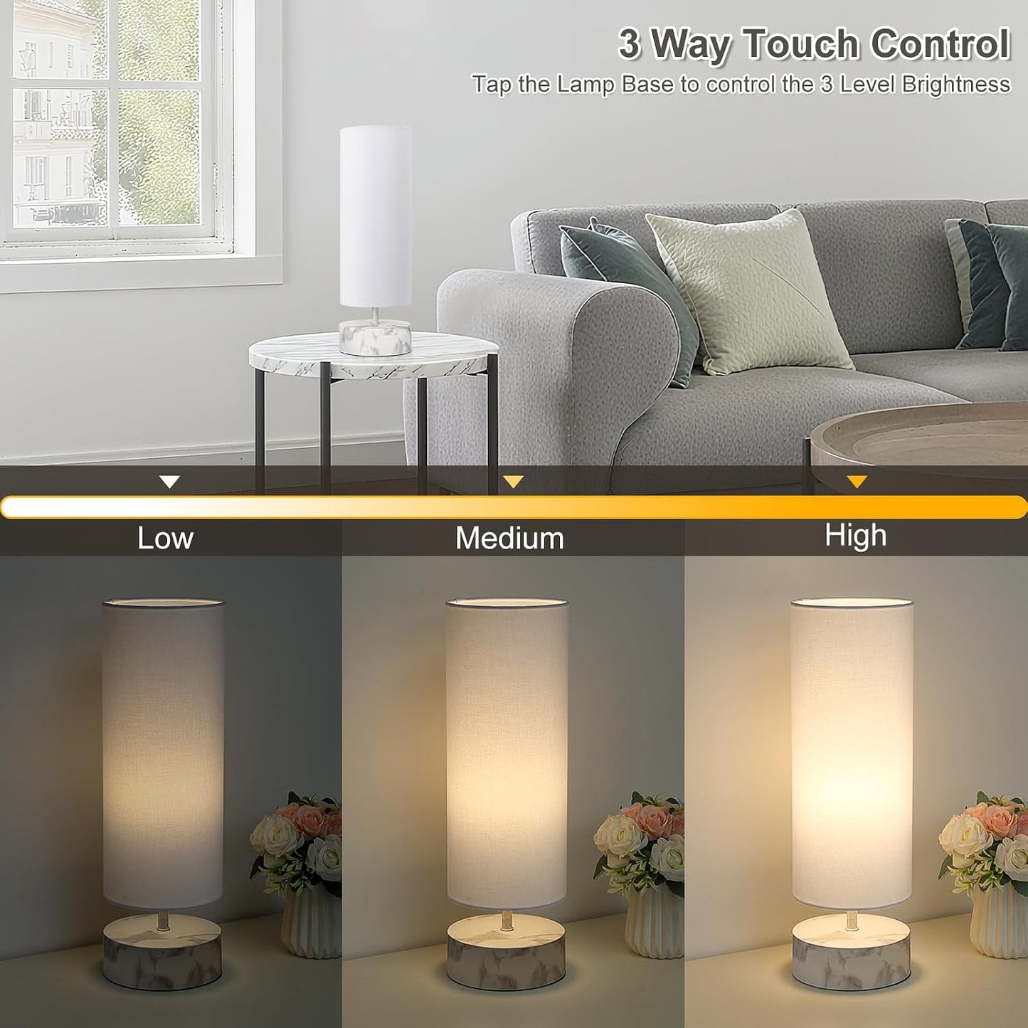Touch Table Lamp, 3-Way Dimmable Modern Minimalist Accent Bedside Lamp with Cylinder Fabric Shade, Night Light Nightstand Desk Lamp for Bedroom Living Room Kitchen, 9W LED Bulb Included