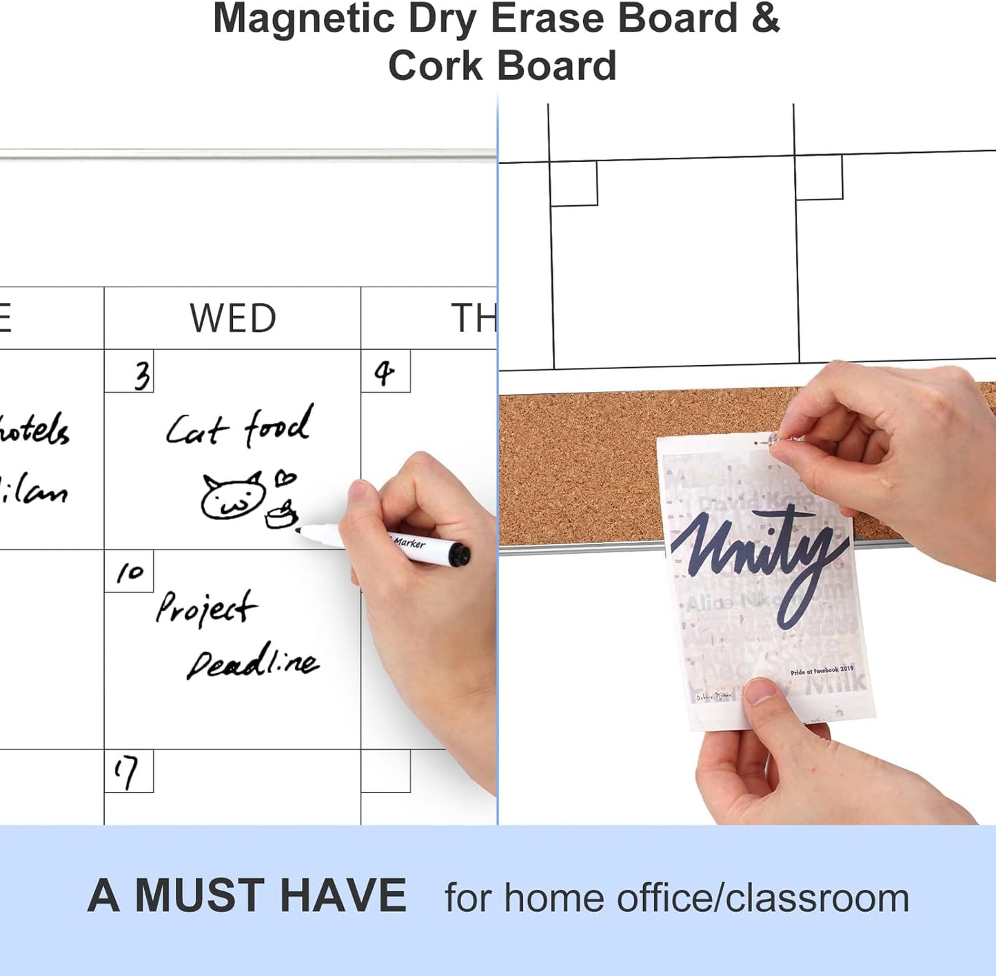 ARCOBIS Dry Erase Calendar with Cork Board for Wall, 24"x 18" Magnetic Calendar Whiteboard with Black Frame, Monthly Combination Board for School, Home, Office